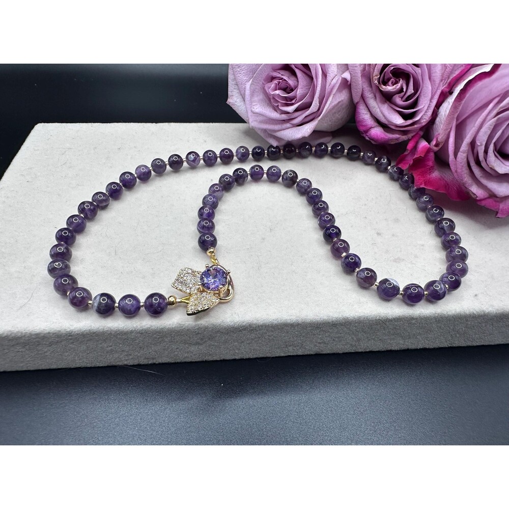 19'' Amethyst necklace CZ leaf clasp, Purple Gemstone Gift, February birthstone